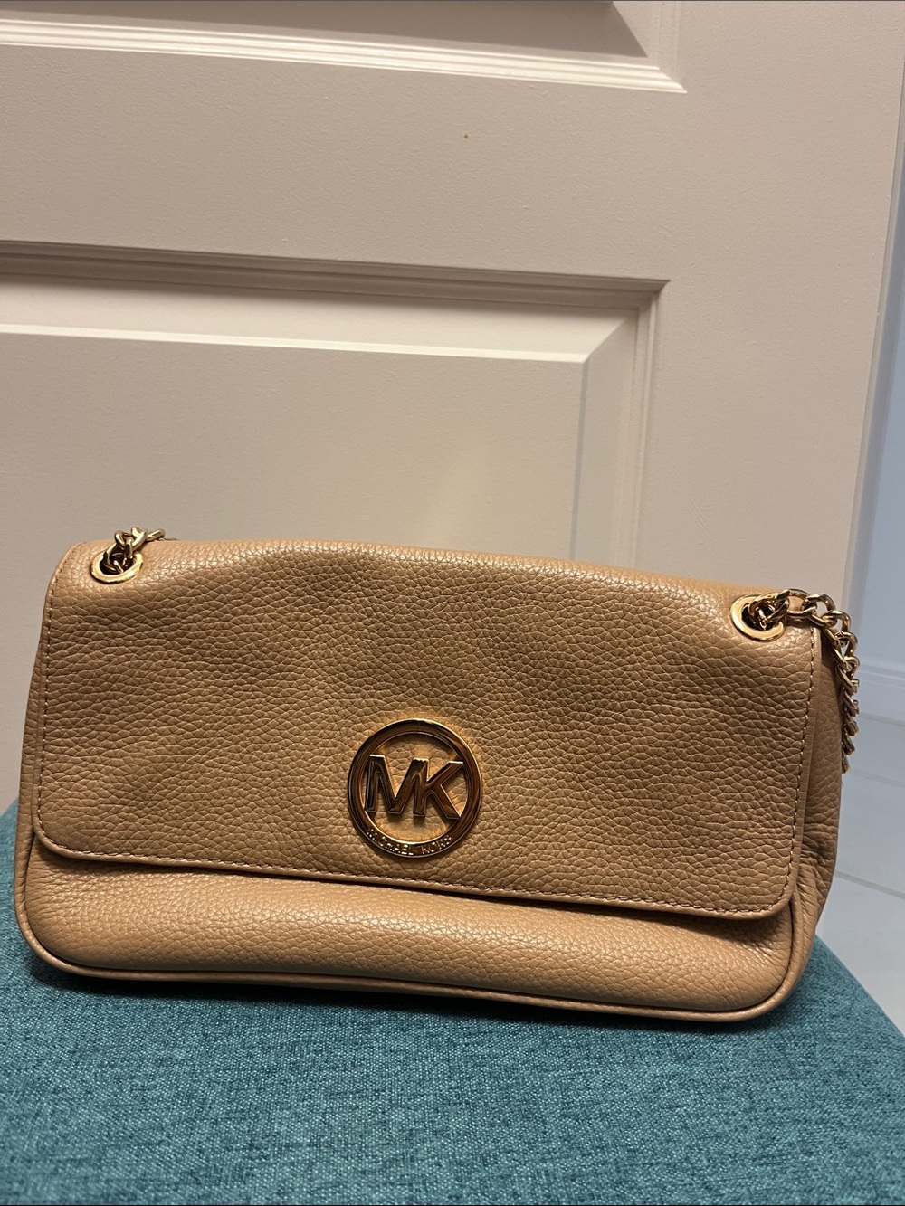 Michael Kors Tan Pebbled Leather Shoulder Bag with Gold MK Emblem